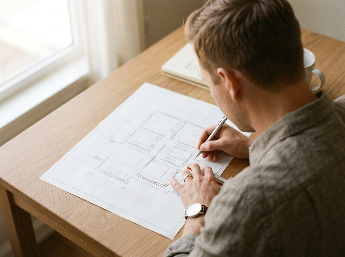 Architect reviewing a renovation floor plan and blueprint at a desk